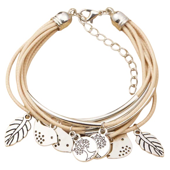 Boho Style Layered Faux Leather Bracelet with Bird and Tree Charms - Picture 3 of 8